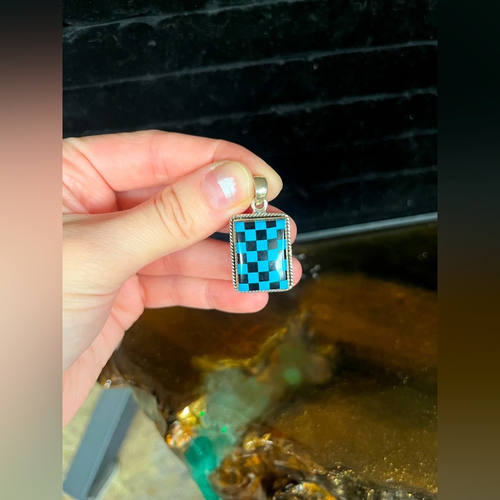 Checkerboard Turquoise & Black Sterling Silver Pendant